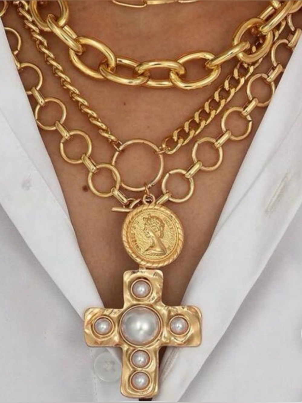 Gold Statement Cross Pendant Necklace with Coin and Pearls- set of 3 chains